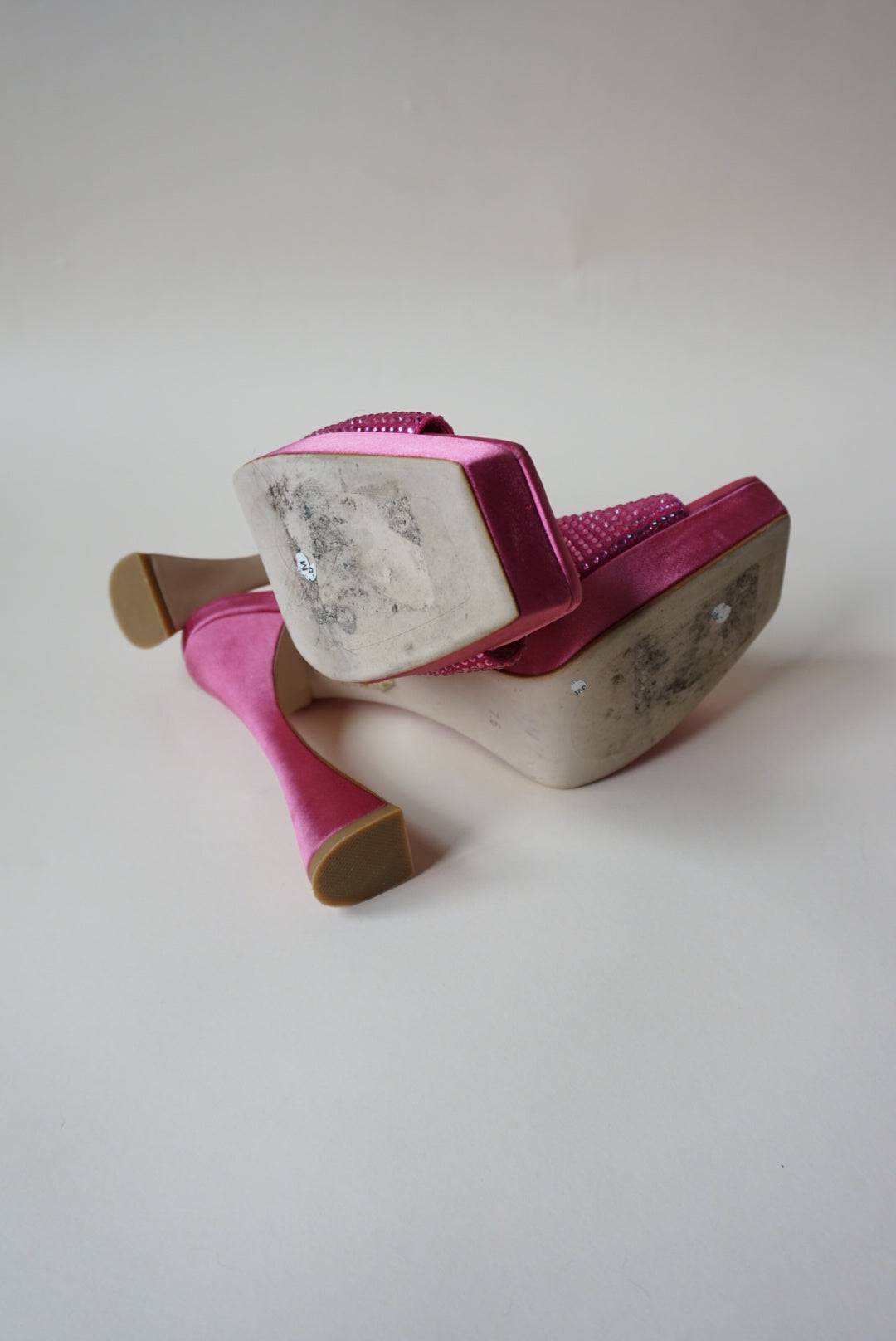 "Jeffrey Campbell" Rhinestone Pink Satin Heeled Mules - Size 7.5