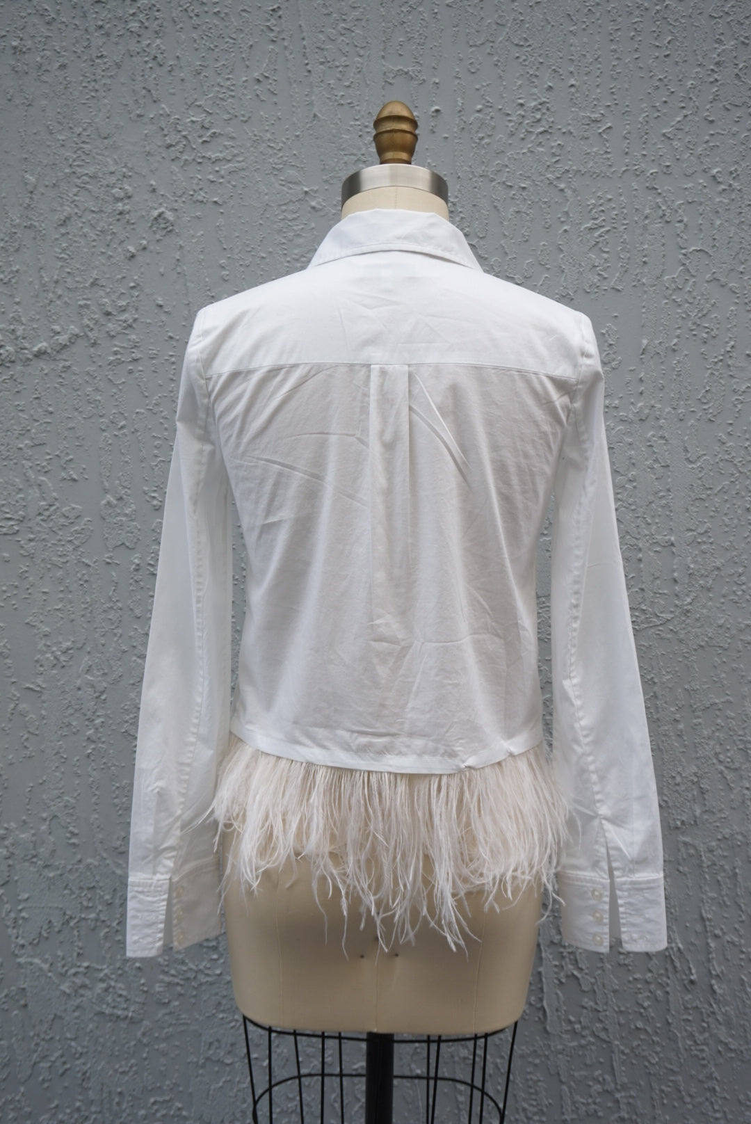 "Milly" White Ostrich Feather Trim Cotton Button Down - Size 2