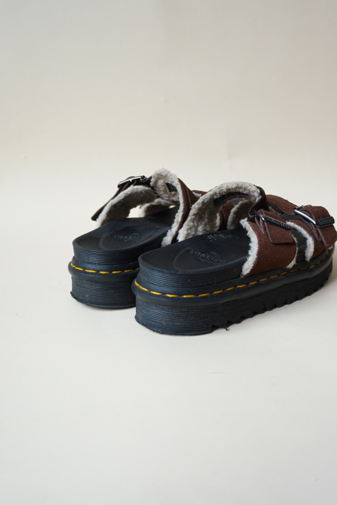 Dr. Martens Brown "Myles" Suede Faux Fur Lined Buckle Sandals - Size 7