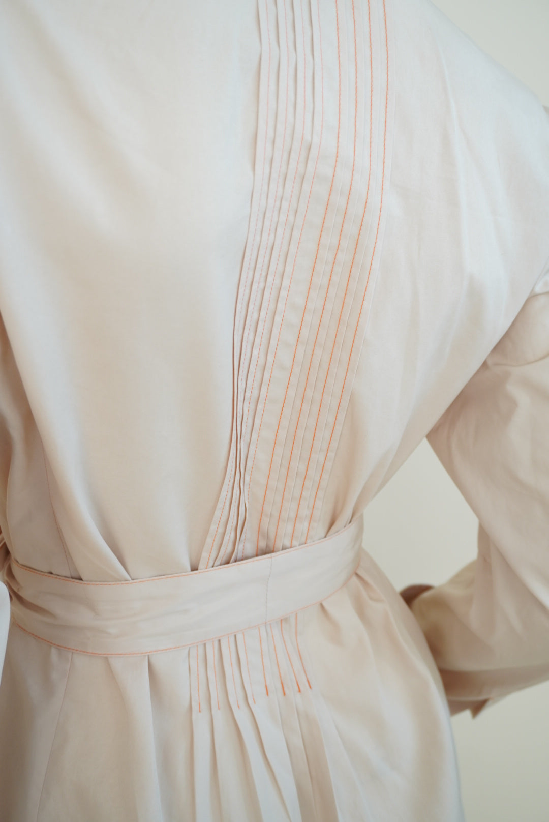 Thierry Colson Beige Orange Contrast Stitching Belted Shirtdress - Size Medium