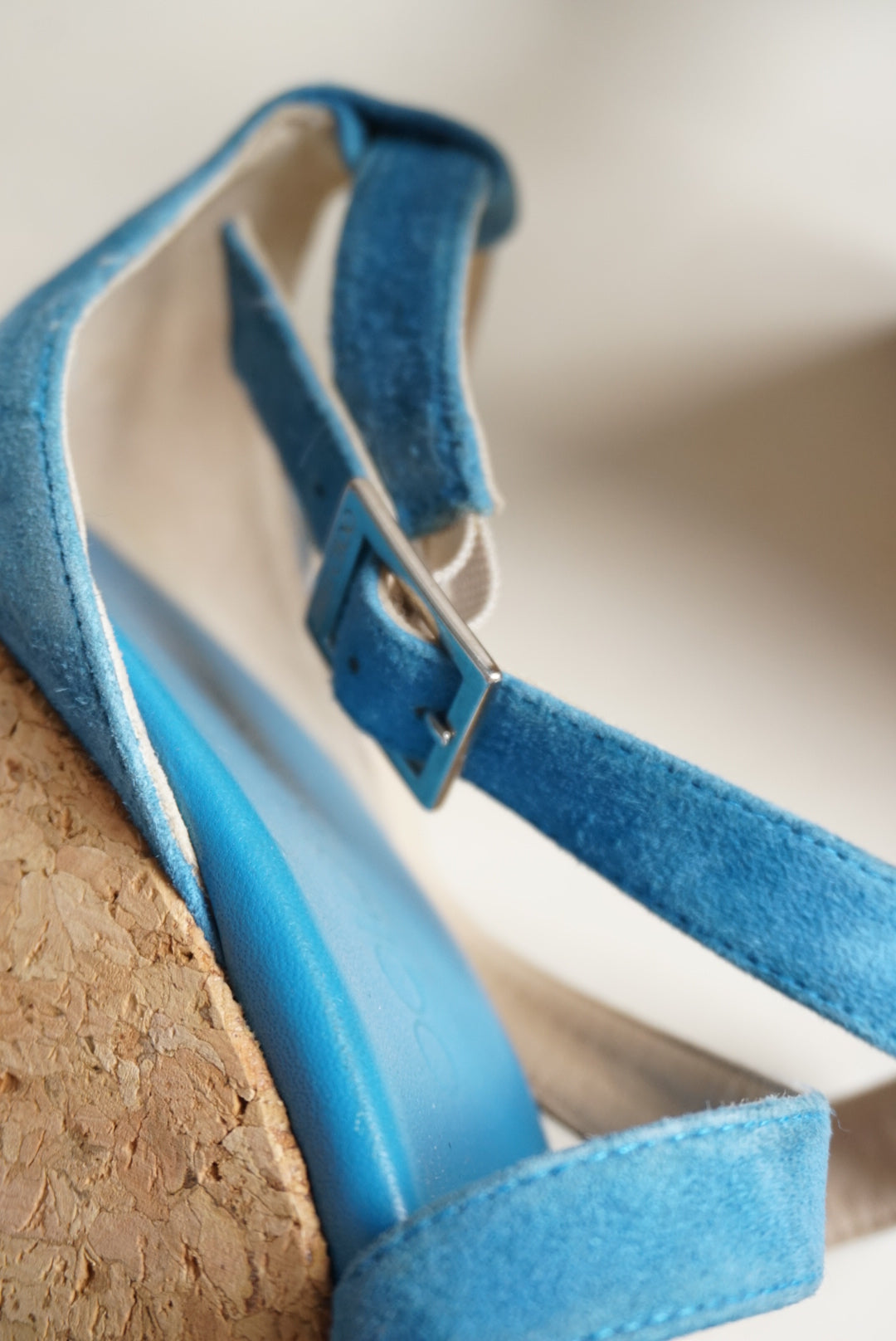 “Jimmy Choo” Blue Suede Cross Strap Cork Wedges - Size 38.5