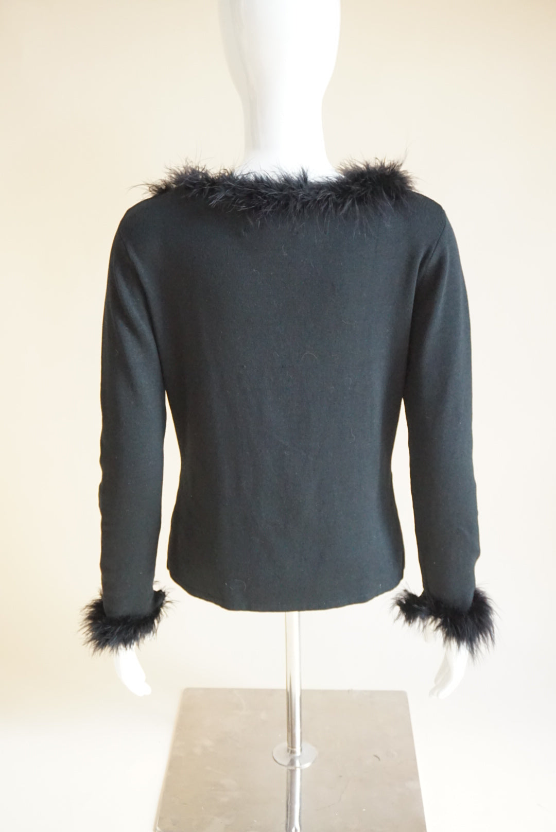 Joesph A. Silk Blend Black Knit Feather Trim Y2K Blouse - Size Large