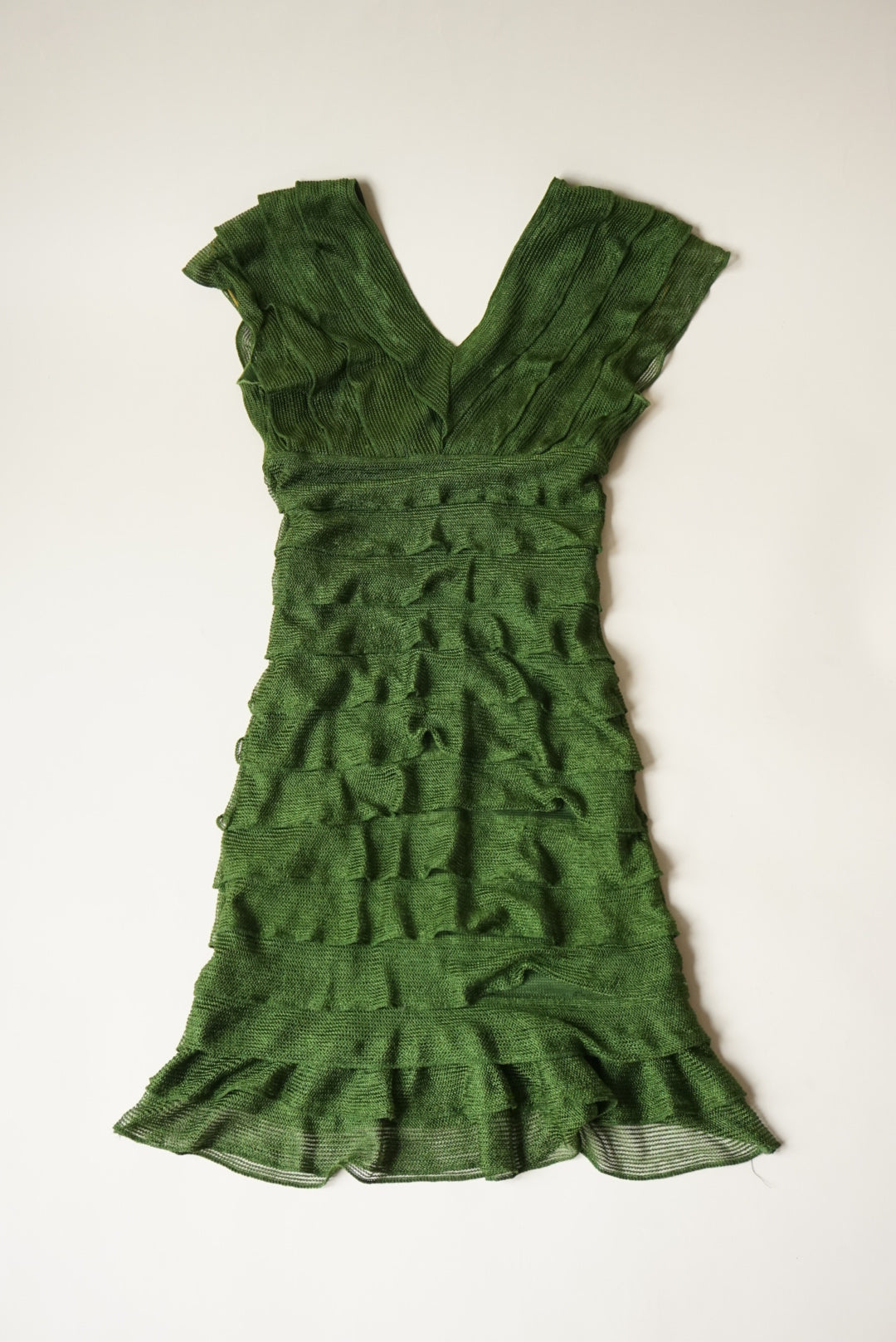 Max Studio Vintage Green Ruffle Midi Plunge Dress - Size XS
