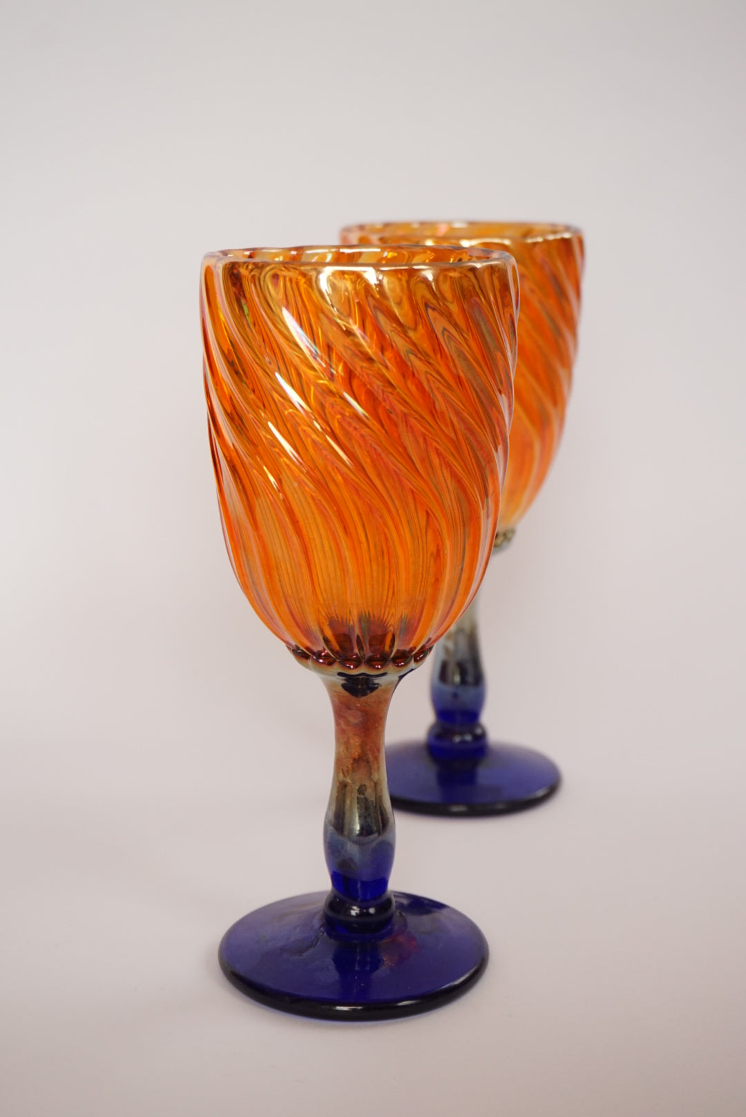 Rick Strini Aurene Golden & Cobalt Blue Spiral Cane Hand Blown Rare Signed Glass Goblets - Set of 2