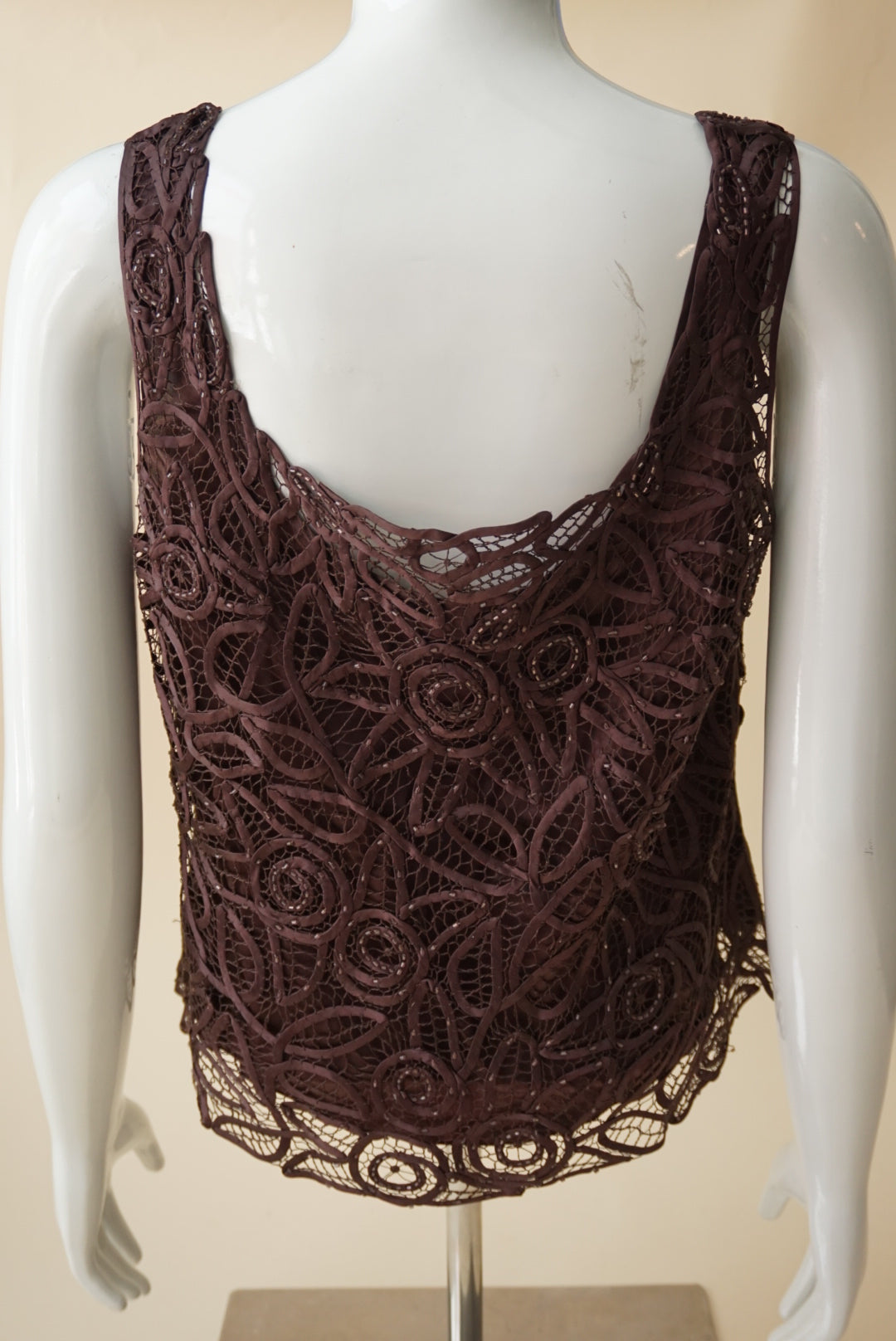 Vintage Soulmates Silk Crochet Beaded Brown Y2K Scoop Neck Tank - Size Small
