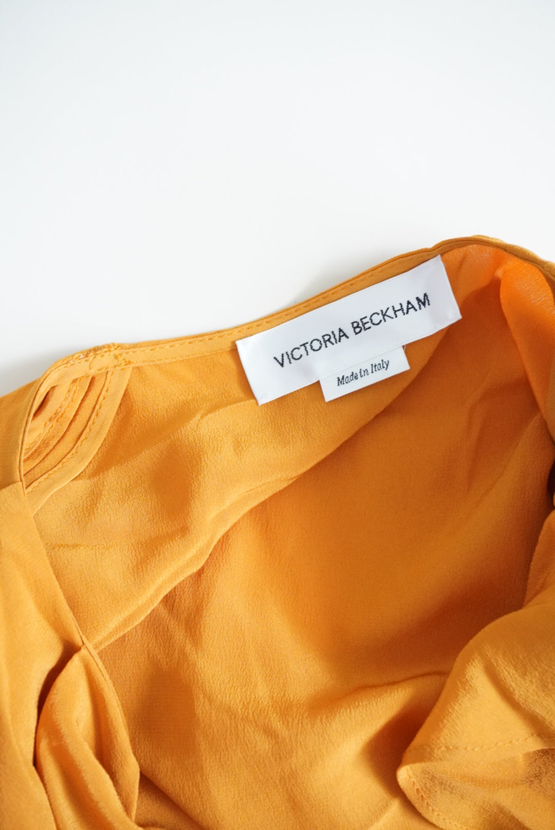 Victoria Beckham Mustard Silk Made in Italy Ruffle Plunge Neck Dress