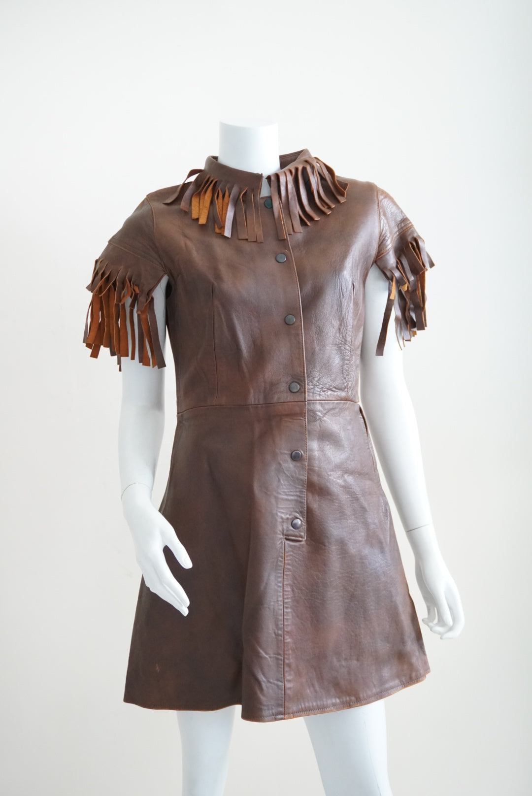 Vintage 60s/70s Bohemian-Mod Style Fringe Handmade Brown Leather Dress - Flaw