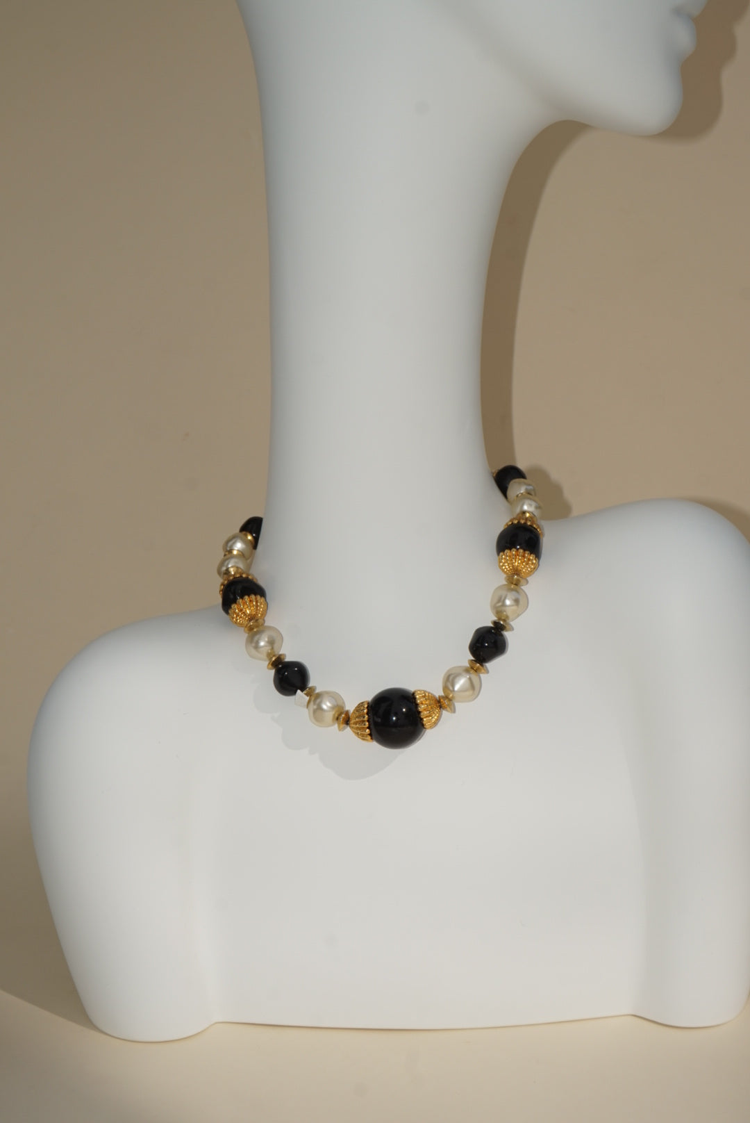 Vintage Faux Pearl Black Resin Stone Gold Costume Necklace