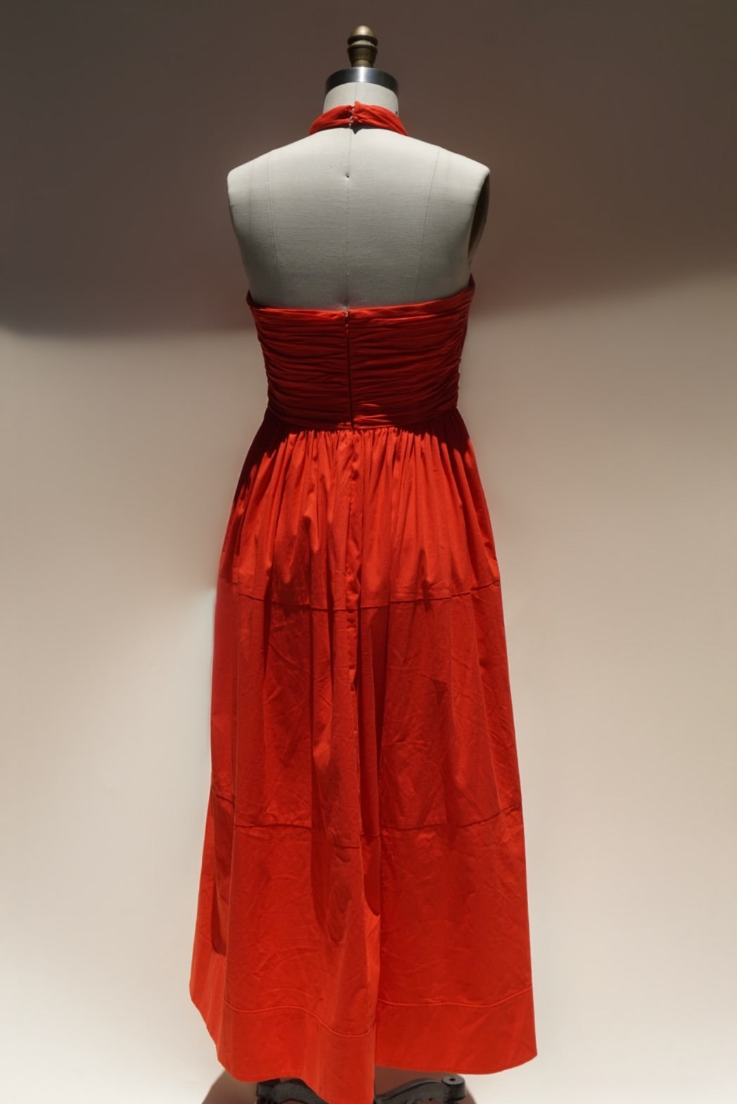 "Cinq à Sept" Halter Neck Poplin Gathered Midi Orange "Taylen" Dress - Size 6