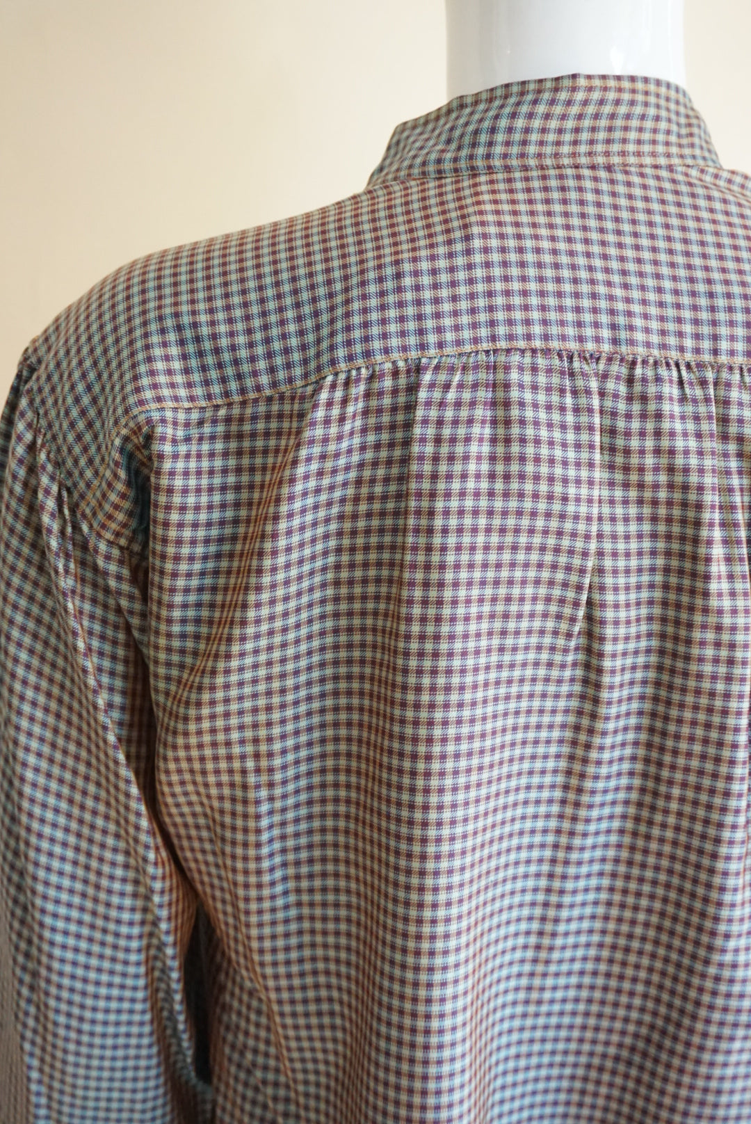 Saint Laurent Rive Gauche VTG Iridescent Mandarin Collar Silk Plaid Blouse - Size 40