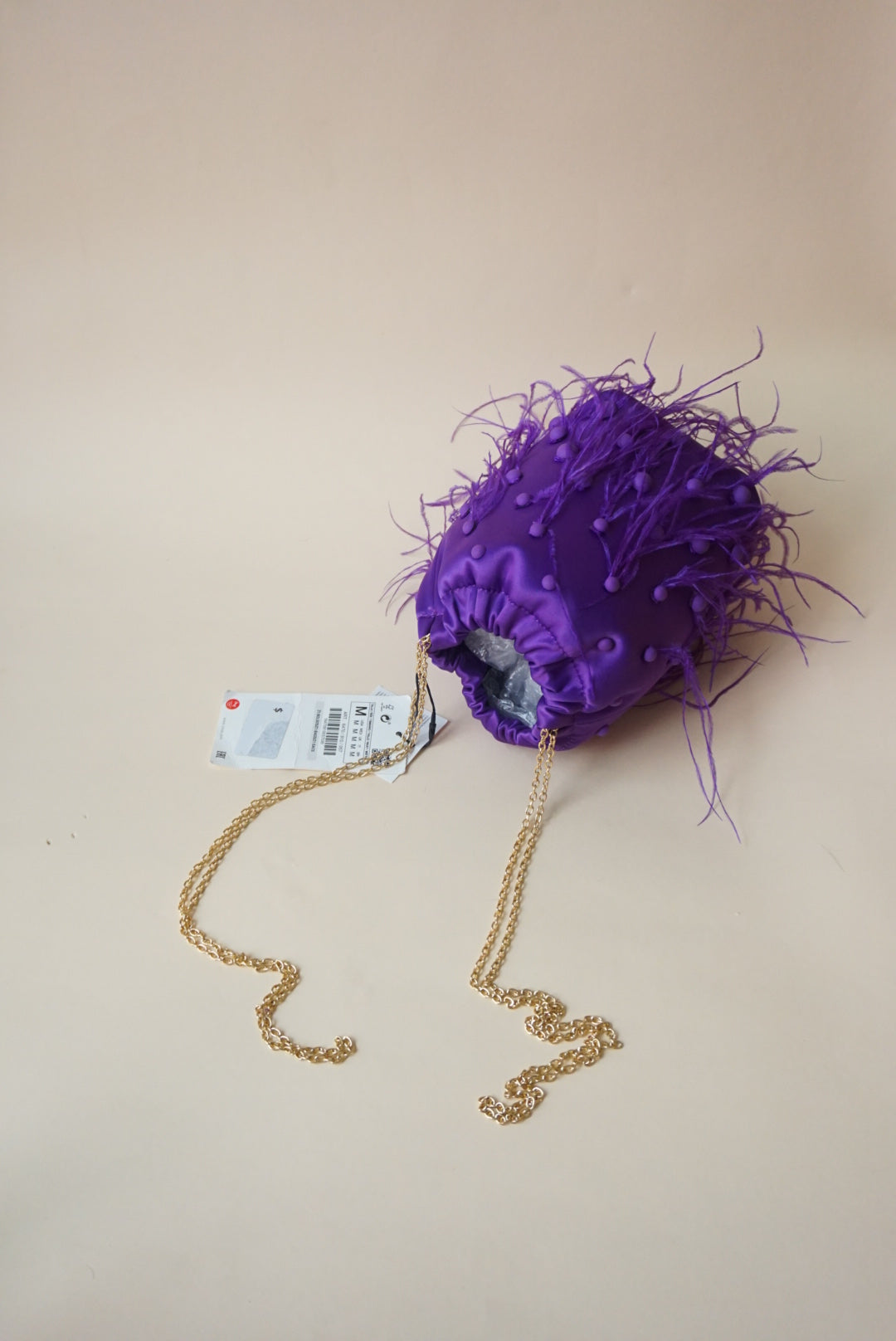 Zara Purple Feather Bucket Drawstring Mini Evening Bag - NWT