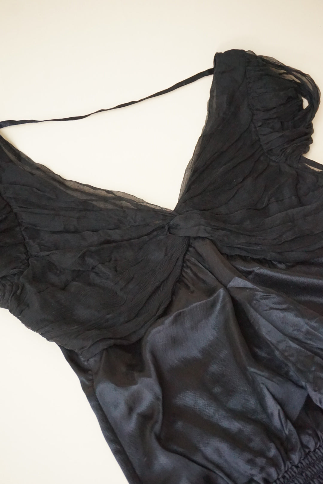Bebe Y2K Black Silk Chiffon Shirred Hem Plunge Neck Blouse - Size Medium