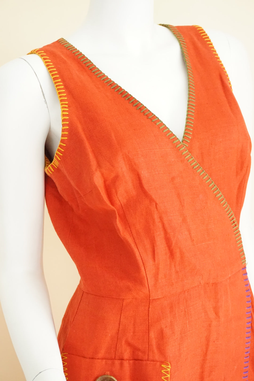 Nicole Miller USA Made VTG Terracotta Linen Colorblock Trim Maxi 90s Dress - Size Small