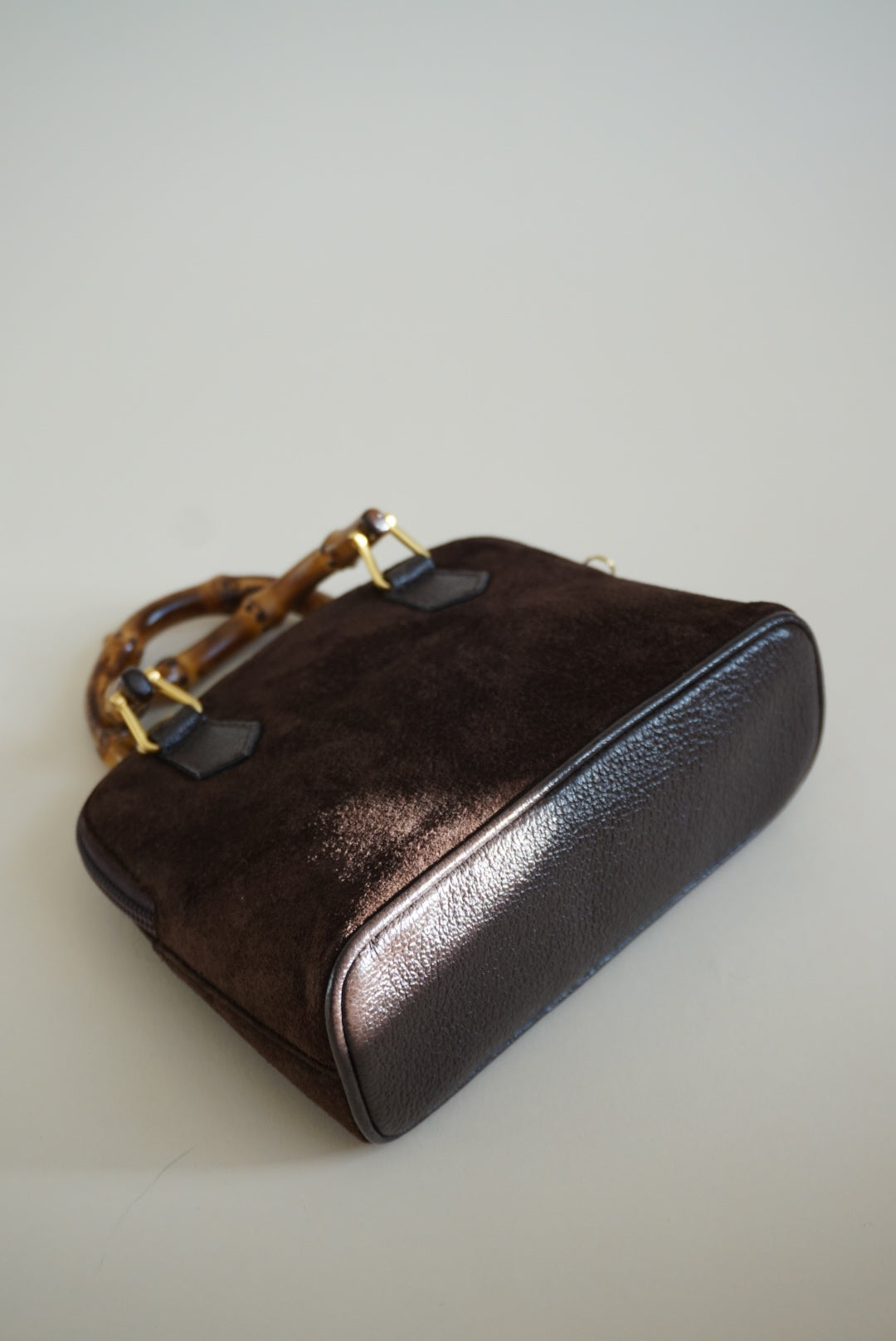 “Gucci” 80’s Brown Suede Mini Vintage Bamboo Handbag
