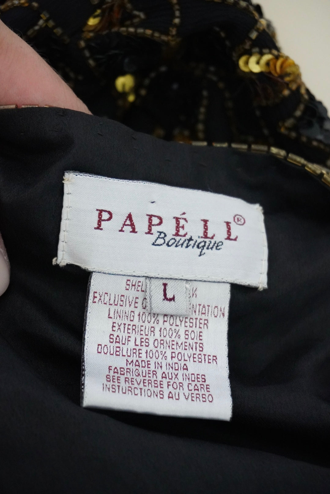 Papell Boutique Beaded Black and Gold Bolero Silk Evening Jacket - Size L