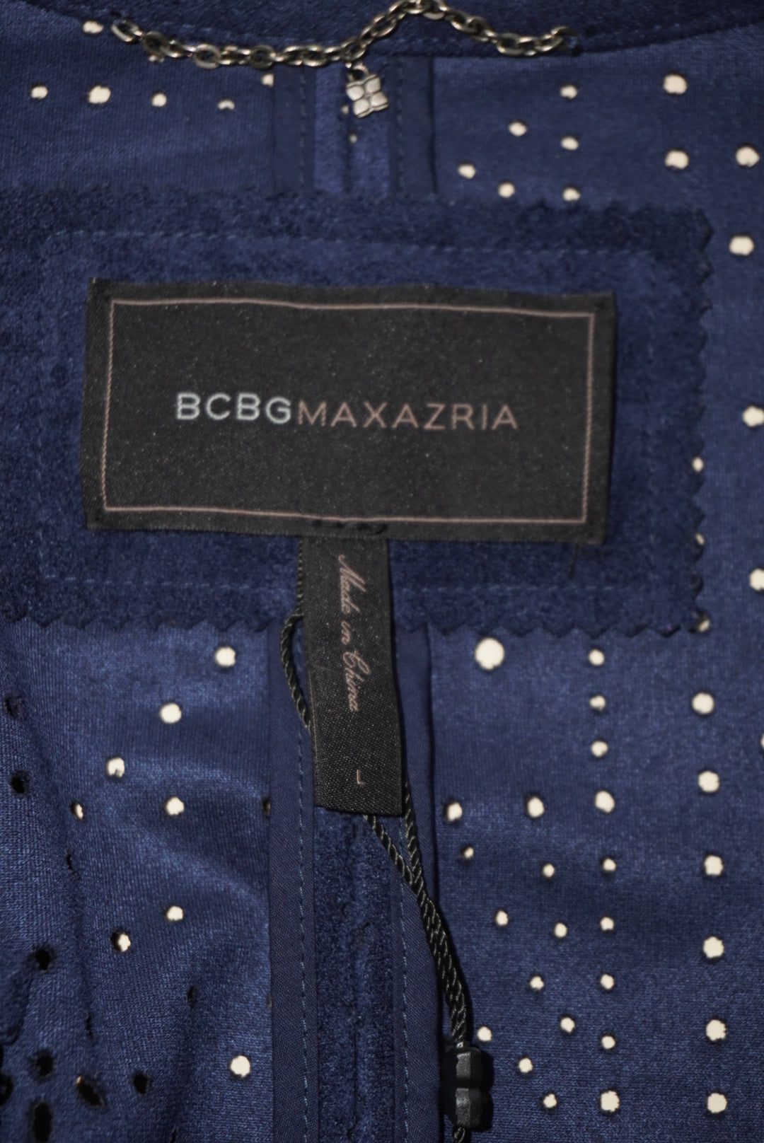BCBGMAXAZRIA Eliot Navy Suede Perforated Ruffle Lapel - Size Large