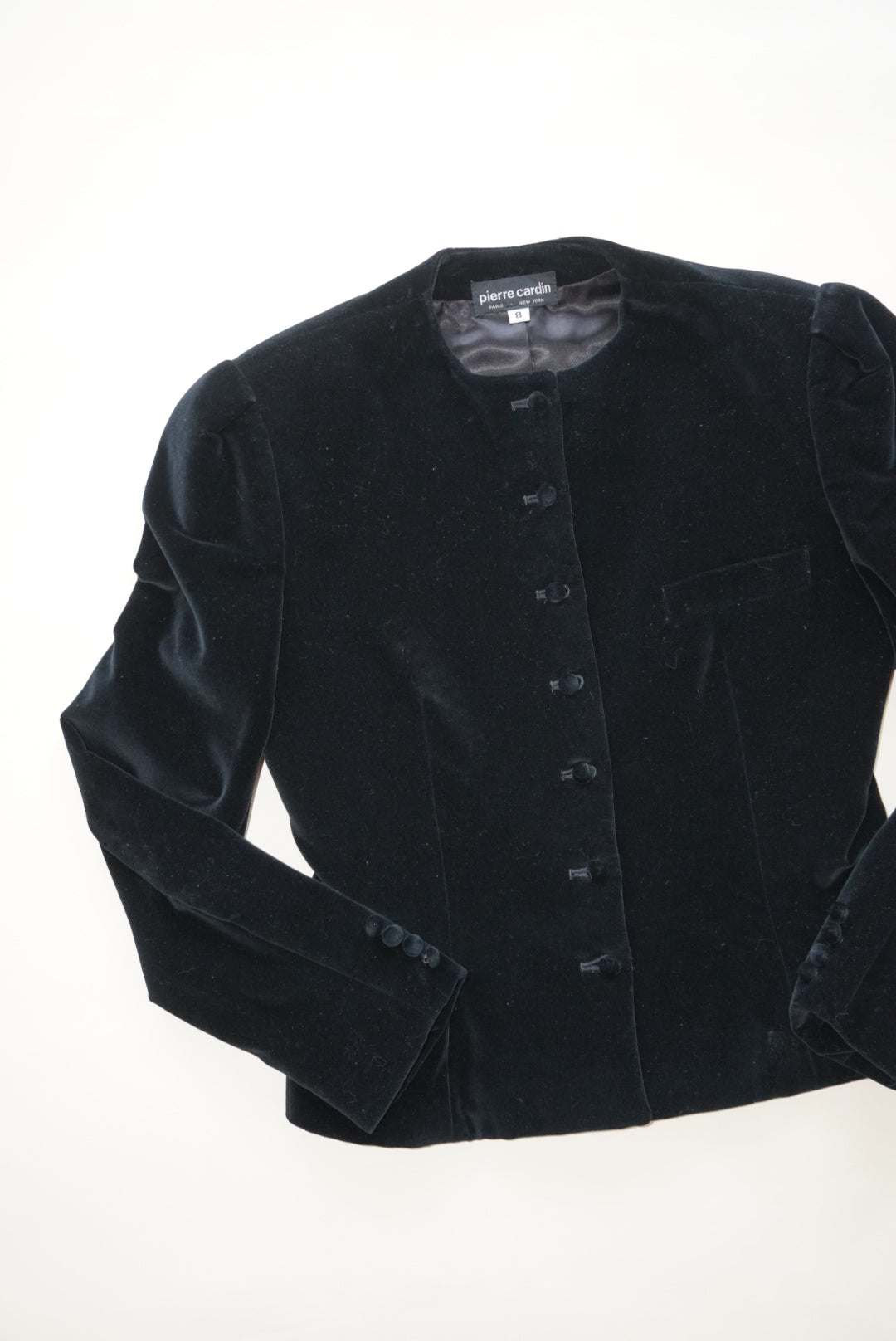 Pierre Cardin Vintage Victorian Style Cotton Black Velvet Collarless Blazer - Size 8