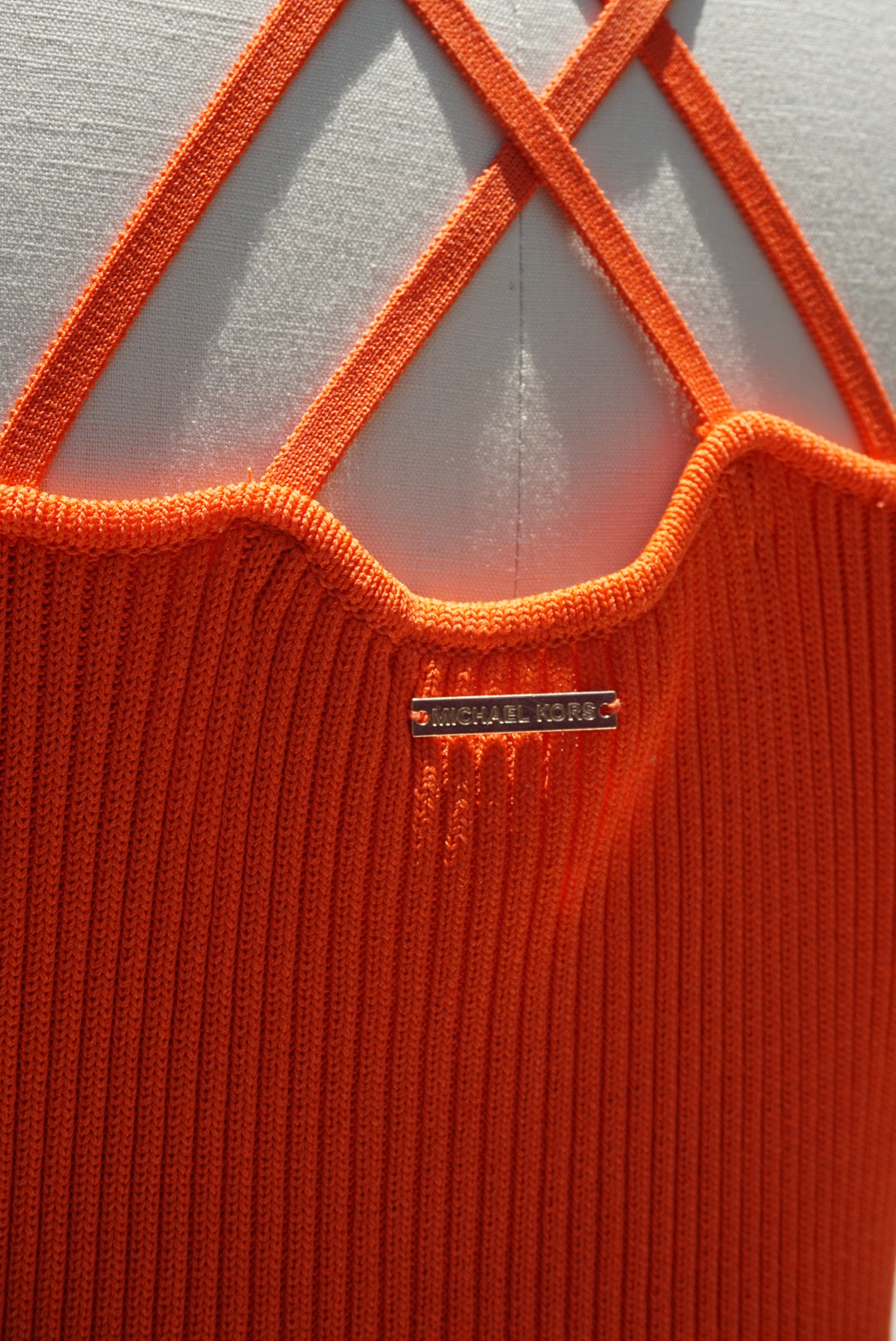 "Michael Kors" Orange Ribbed Cross Back Strap Dress - Size Small