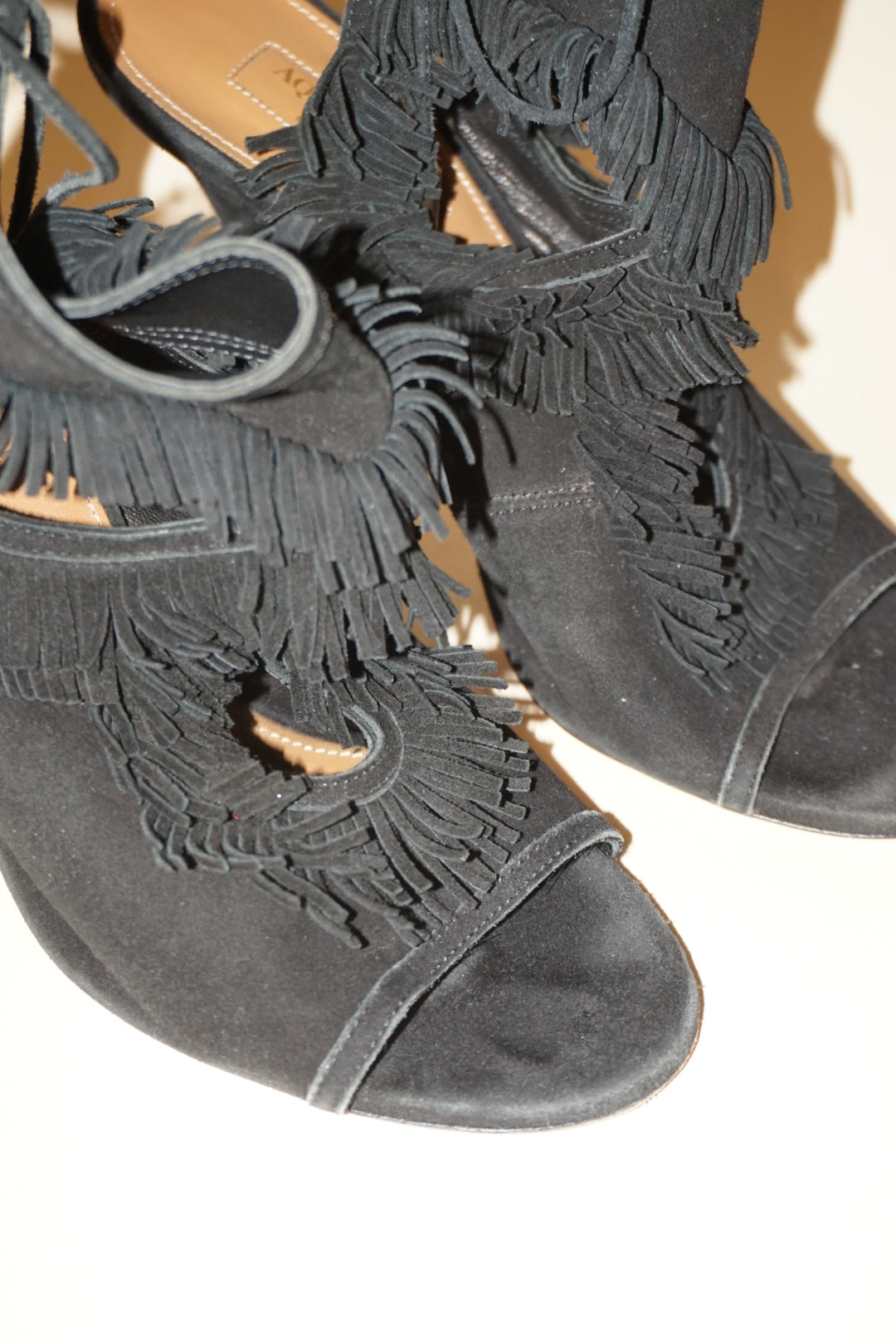 Aquazzura Fringe Gladiator Black Suede Sandal Heel - Size 37.5