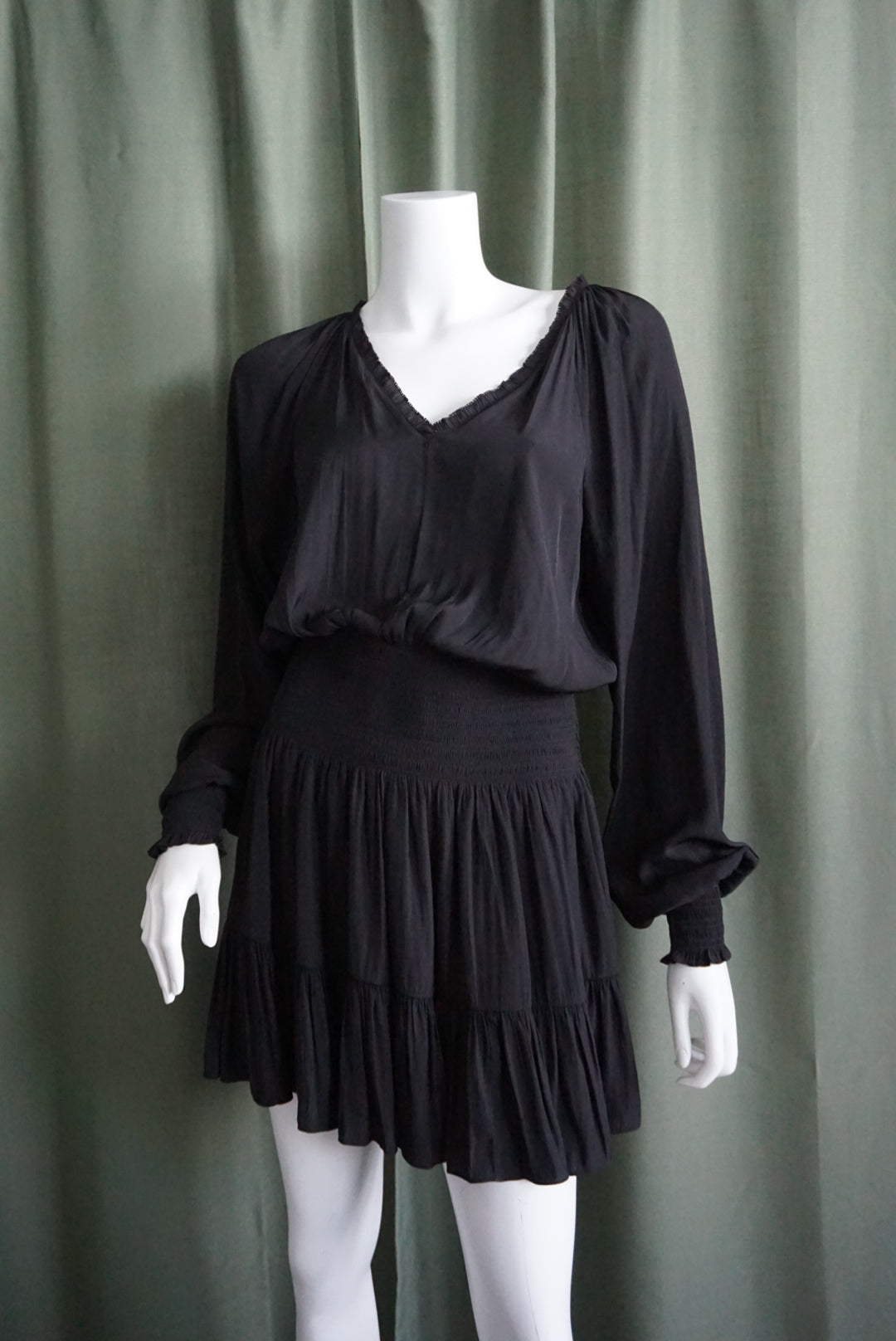 Ramy Brook Black Drop Waist V-Neck Sheath Mini Shirred Dress - Size Medium