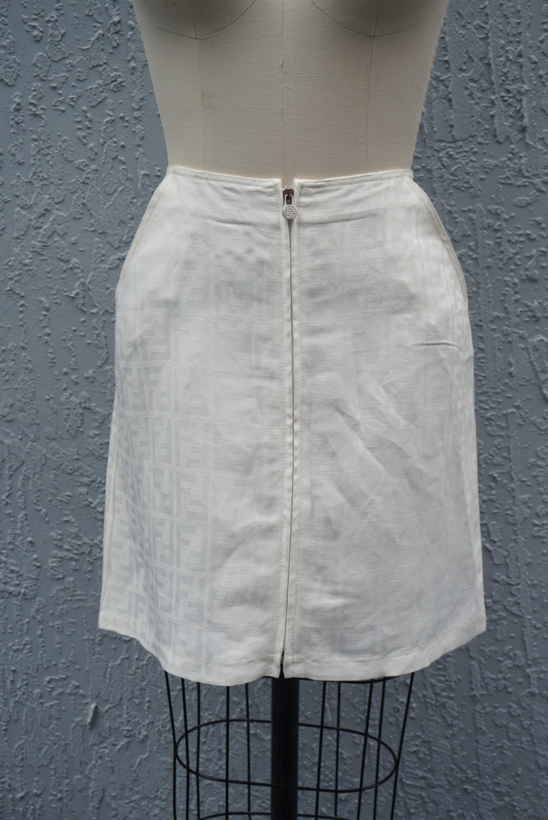 “Fendi” Vintage Zucca White Monogram Front Zip Skirt - 12