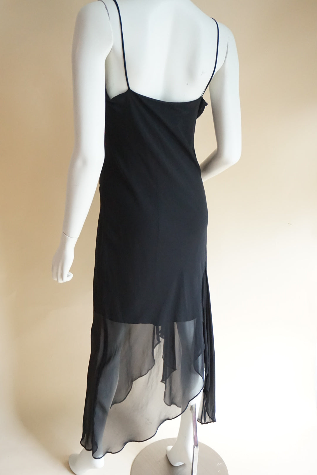 Alyn Paige 90s Vintage Black Cowl Neck Slip Embroidered Roses Maxi Dress - Size 10