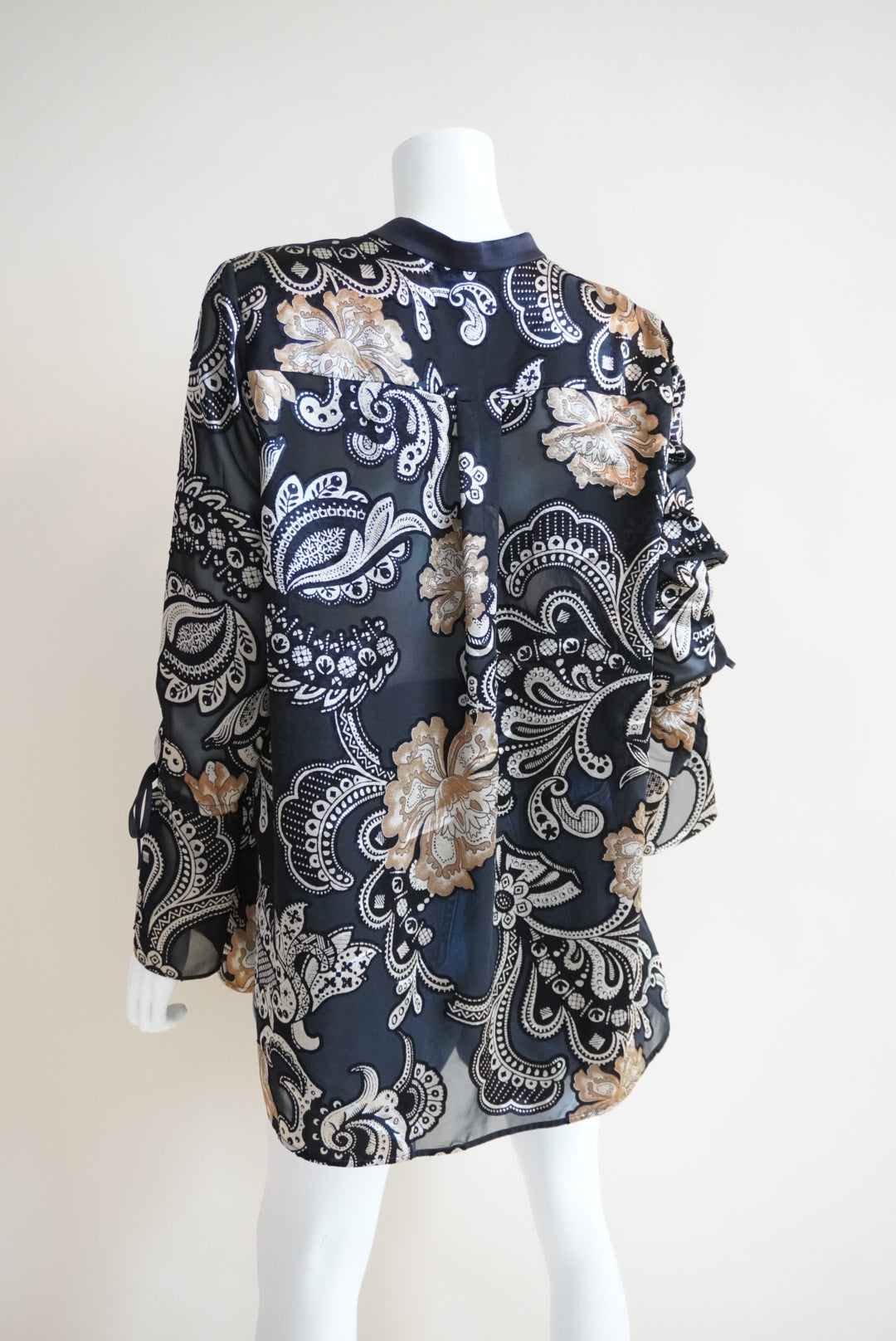 Lafayette 148 Sheer Floral Burnout Velvet Mandarin Collar Blouse - Size Large