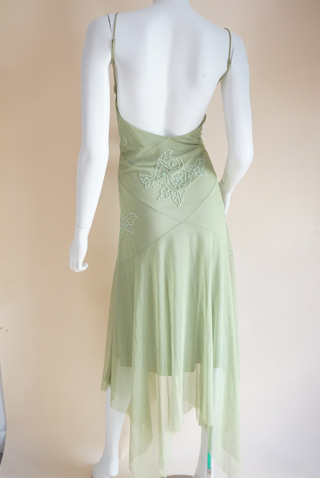 BCBGMAXAZRIA Green Beaded Mesh Y2K Maxi Dress - Size Large