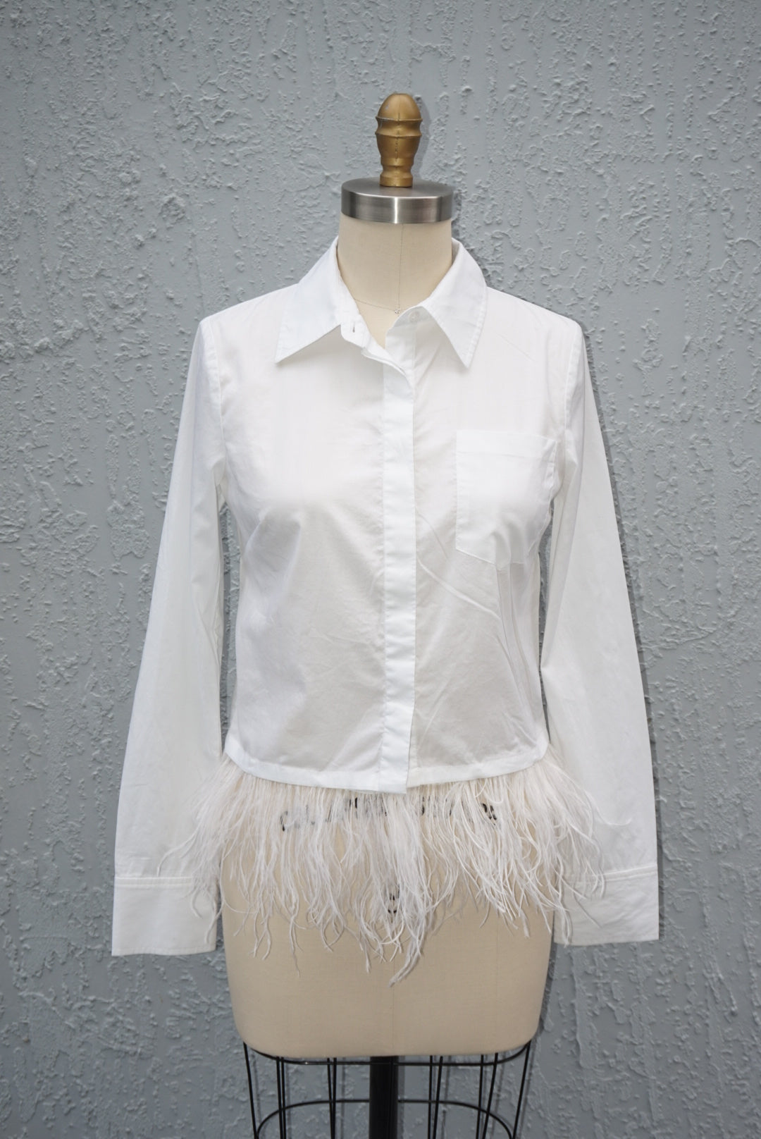 "Milly" White Ostrich Feather Trim Cotton Button Down - Size 2