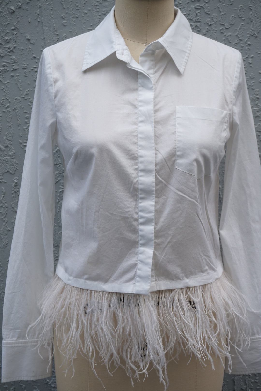 "Milly" White Ostrich Feather Trim Cotton Button Down - Size 2