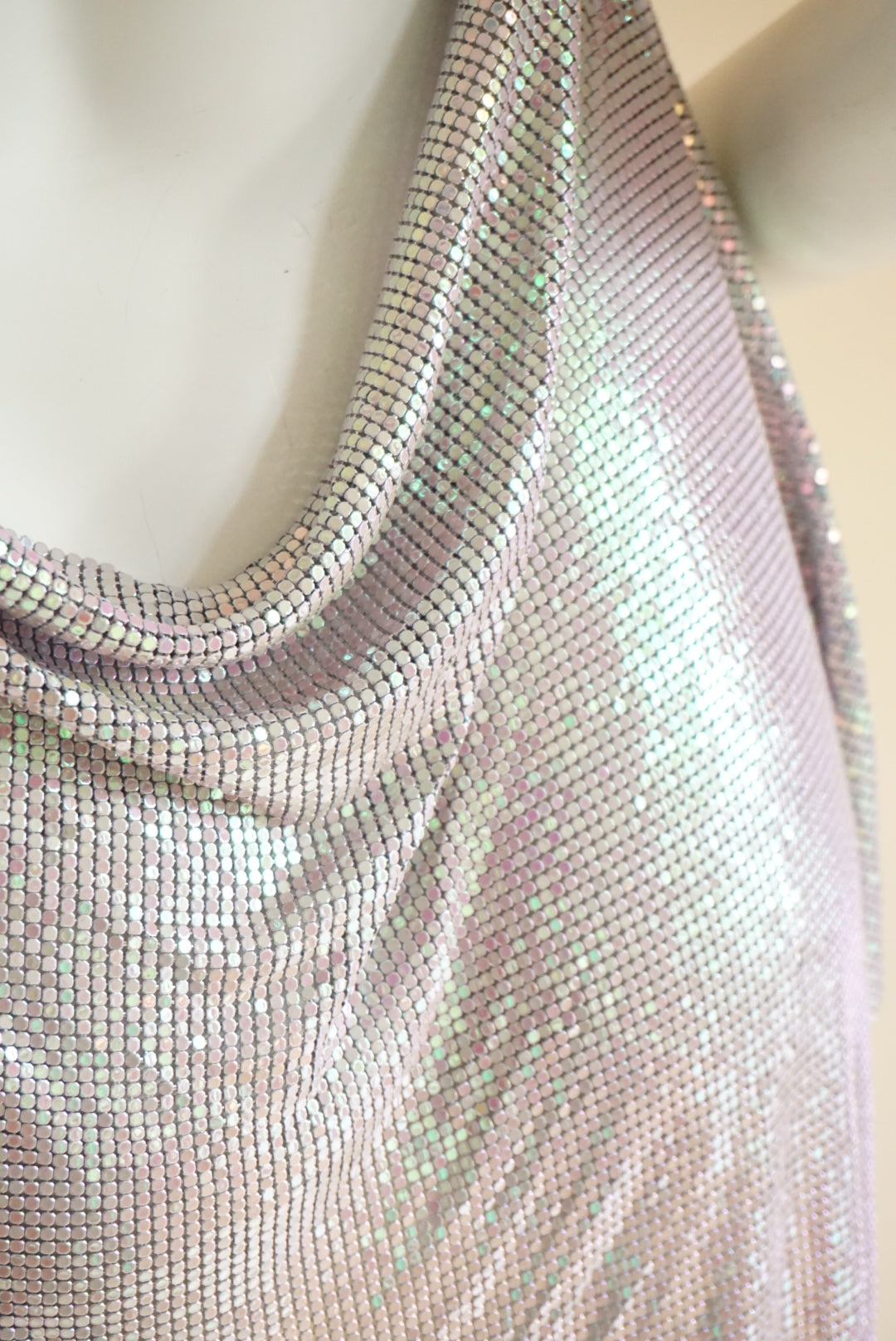 Iridescent Chain Mail Adjustable Strap Backless Mini Dress
