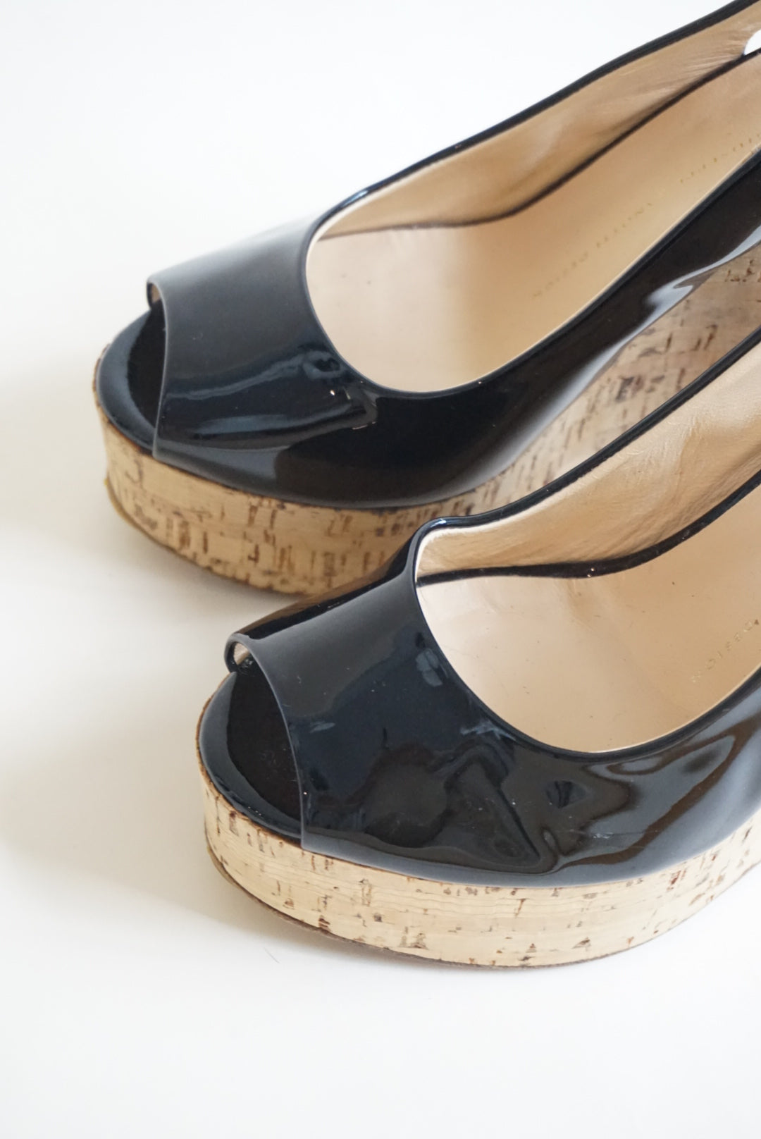Giuseppe Zanotti Black Patent Leather Peep Toe Cork Wedges - Size 38