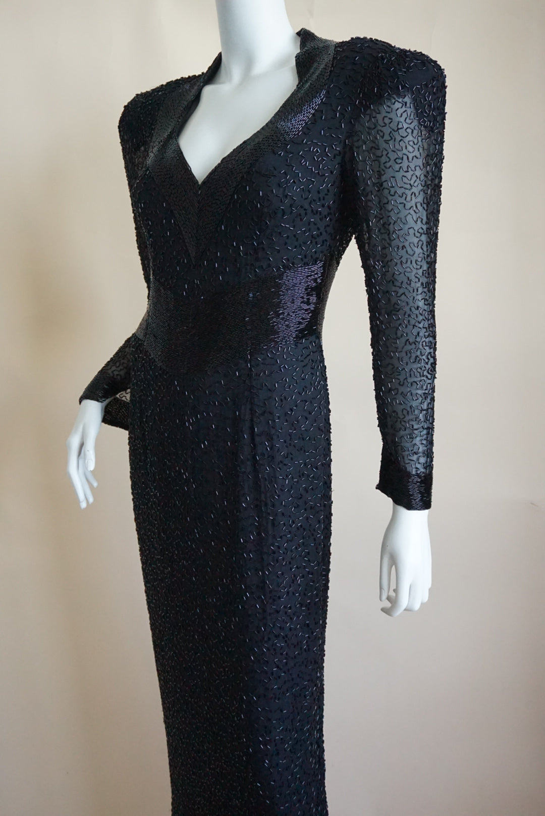 Lillie Rubin Exclusive Vintage Beaded Open Back Black Silk Statement Gown