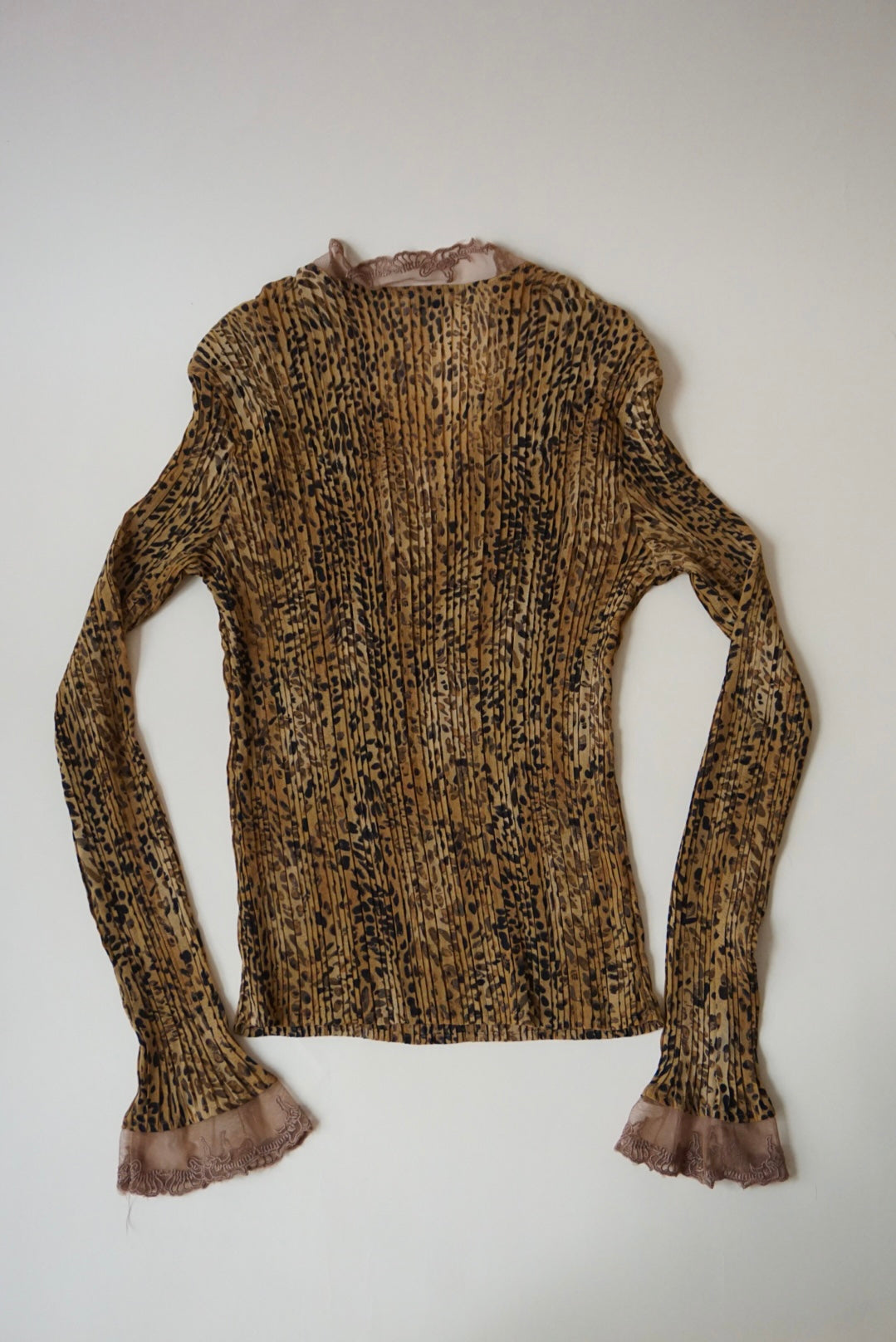 Dress-U by Sharon Leopard Lace Crinkle Pleated Y2K Blouse - Size Large