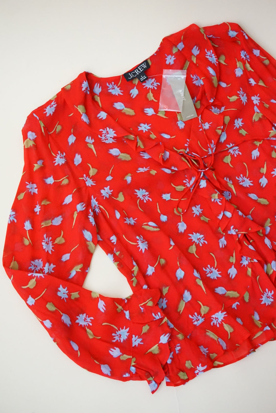J.Crew Floral Ruffle Red Tie Front Blouse NWT - Size 4