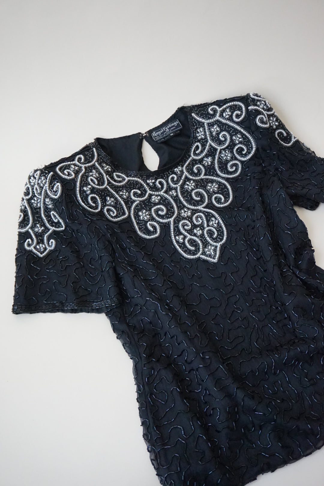 Vintage Royal Feelings Beaded Black / White Silk Blouse - Size Medium