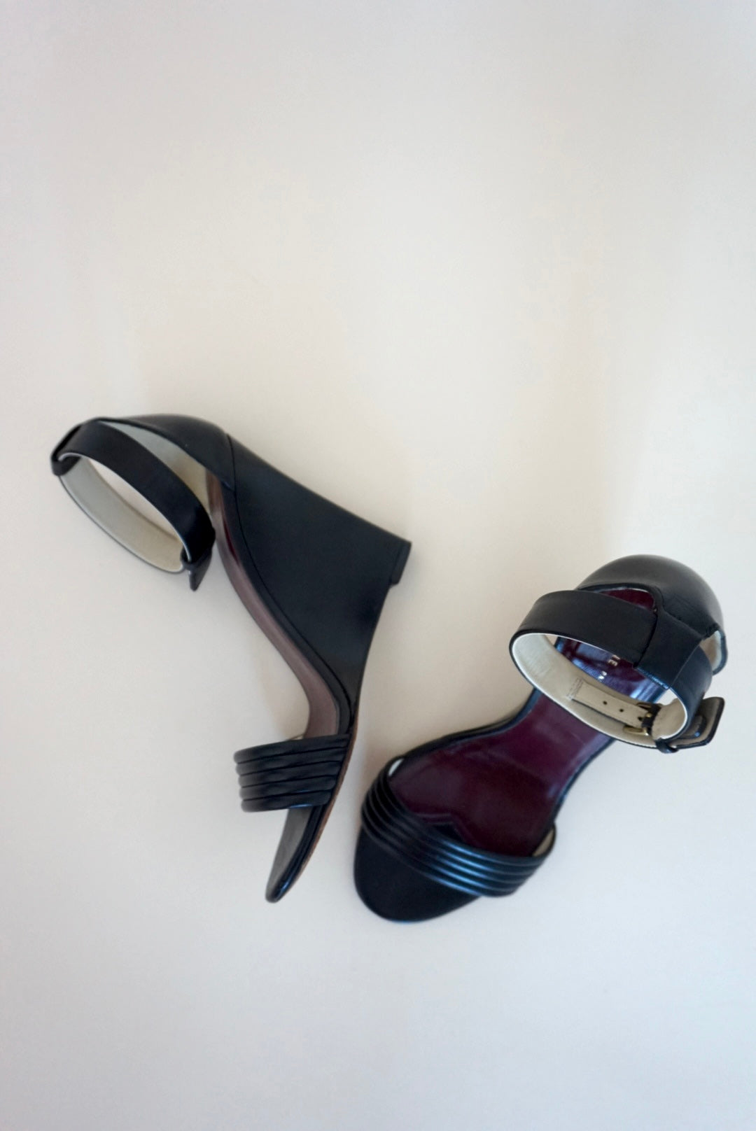 "Celine" (Phoebe Philo) Runway Black Leather Open Toe Wedge Heels - Size 37