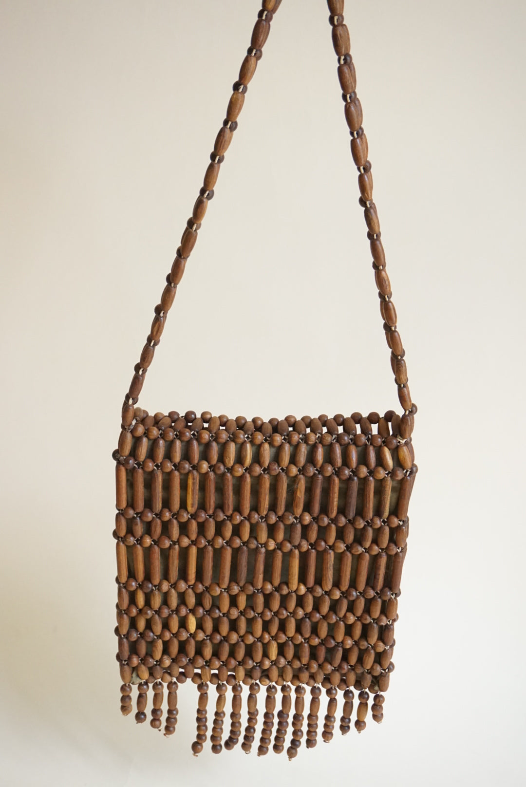 Handmade Brown Wood Beaded Flap Shoulder Bag