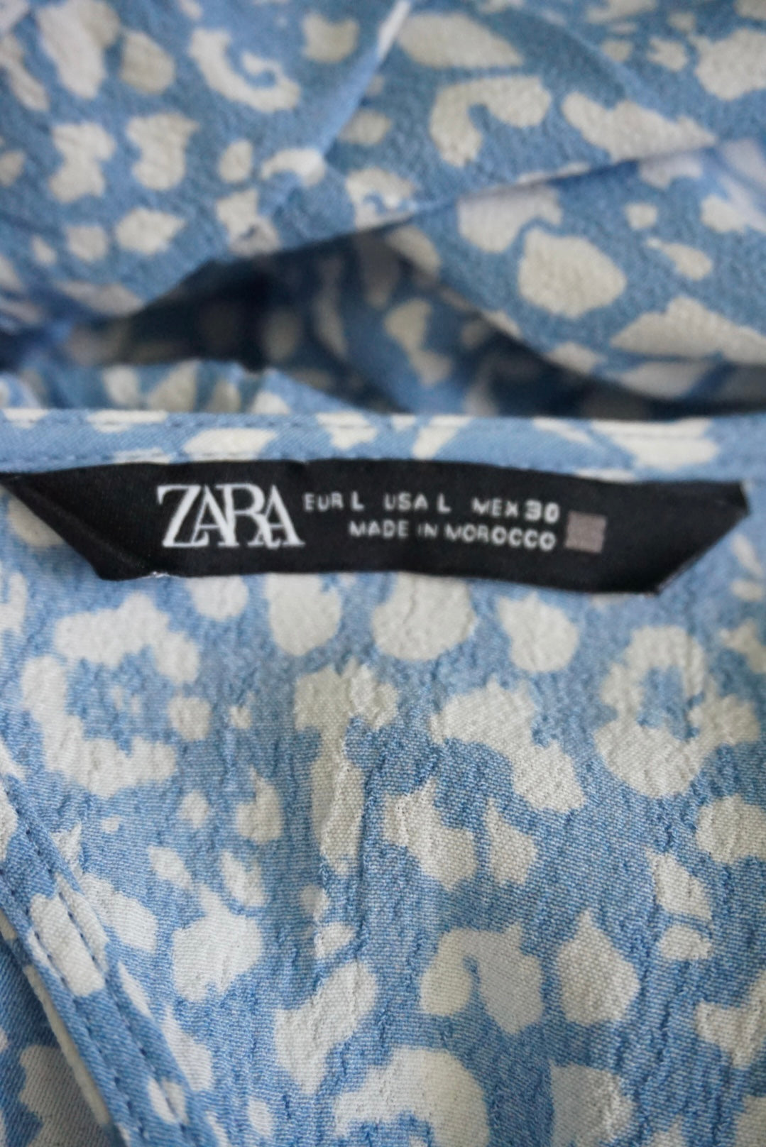 Zara Blue & White Mini Ruffle Open Back Plunge Dress - Size Large