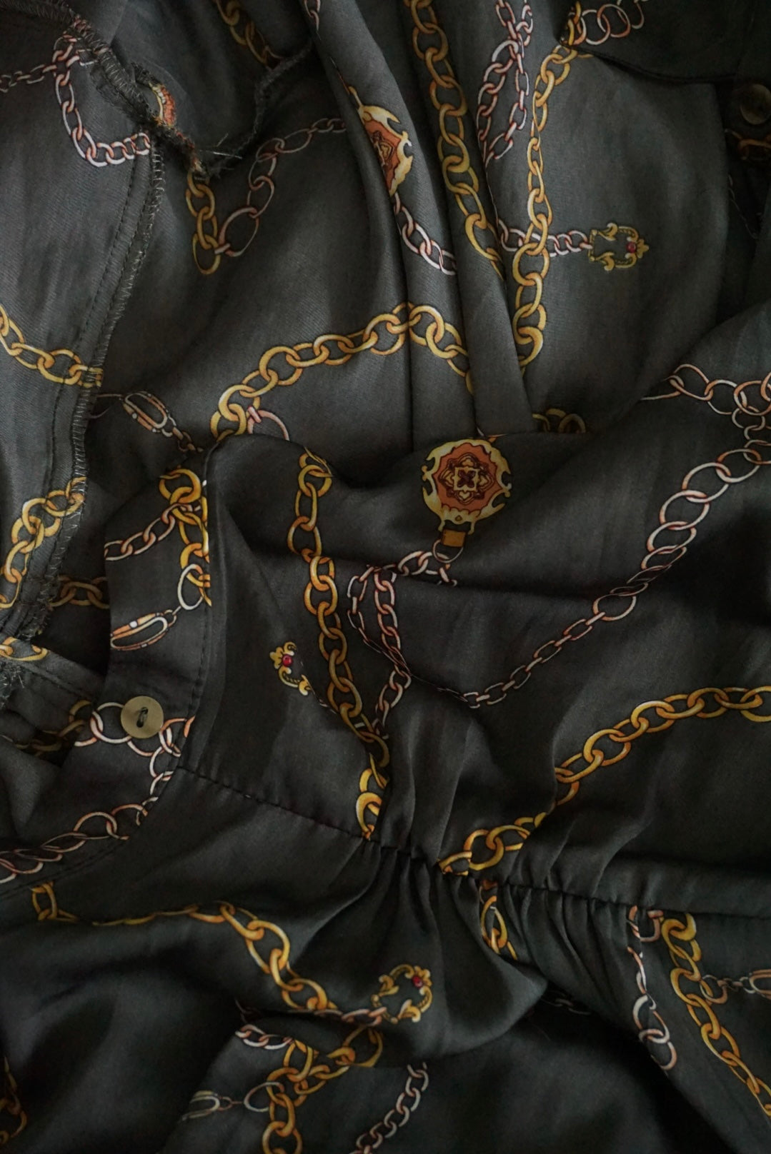 Mango Olive Chain Print Button Down Shirt Belted Dress - Size 6