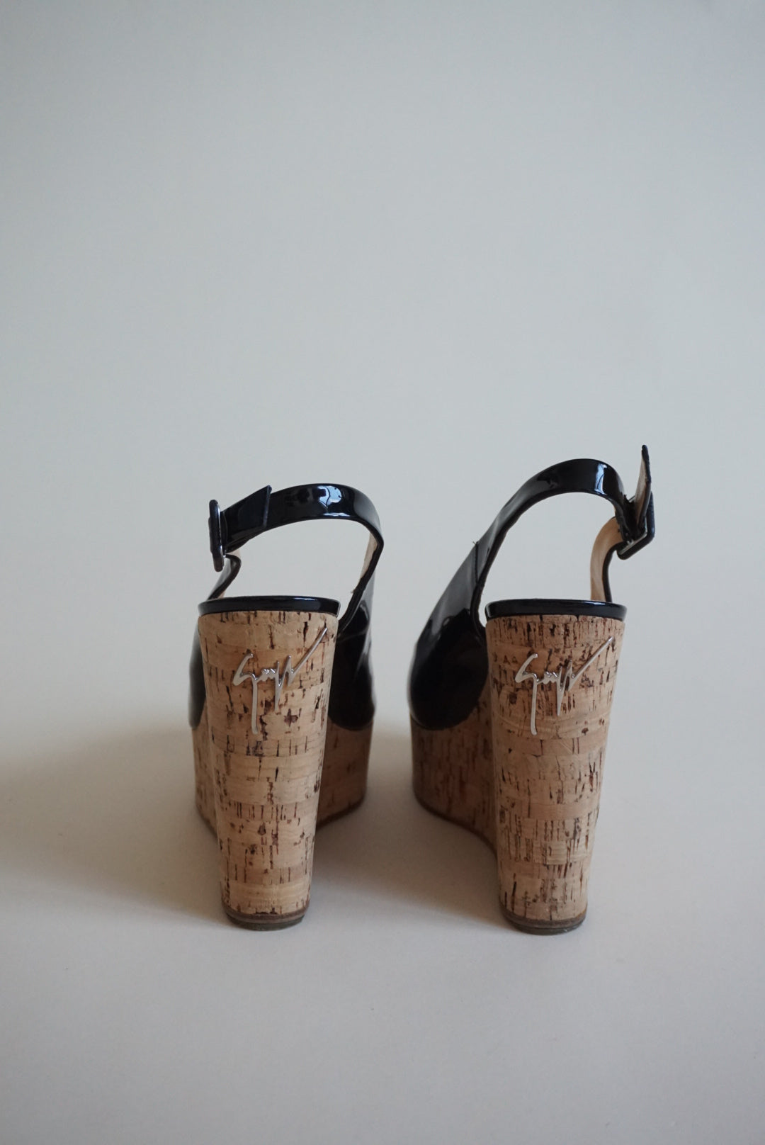 “Giuseppe Zanotti” Black Patent Leather Peep Toe Cork Wedges - Size 38