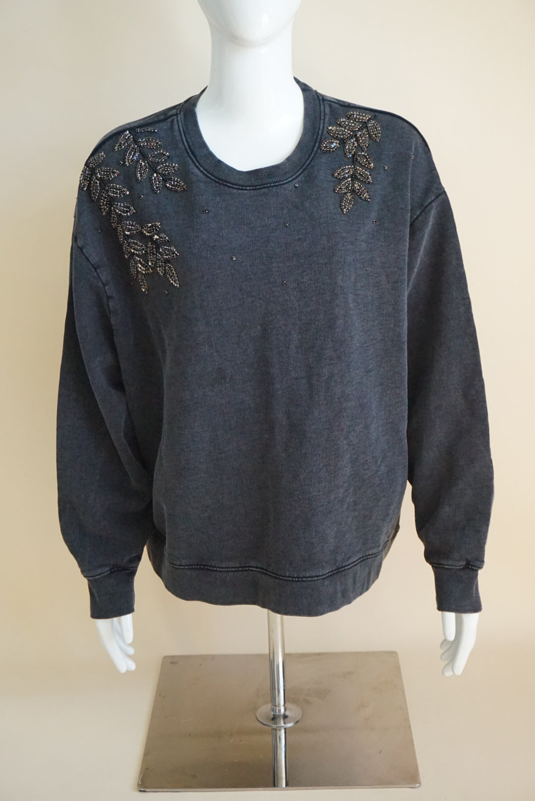 Johnny Was Rhinestone Embellished Grey Oversized Pull Over Sweater - Size XL