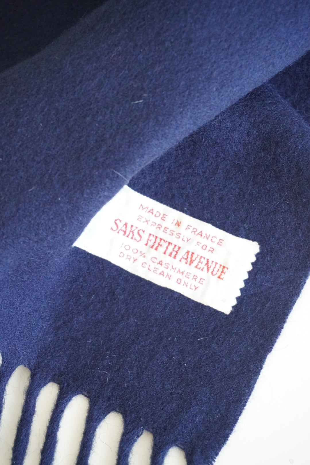 Saks Fifth Avenue 60's Vintage Fringe Scarf Navy Blue Cashmere Made in France