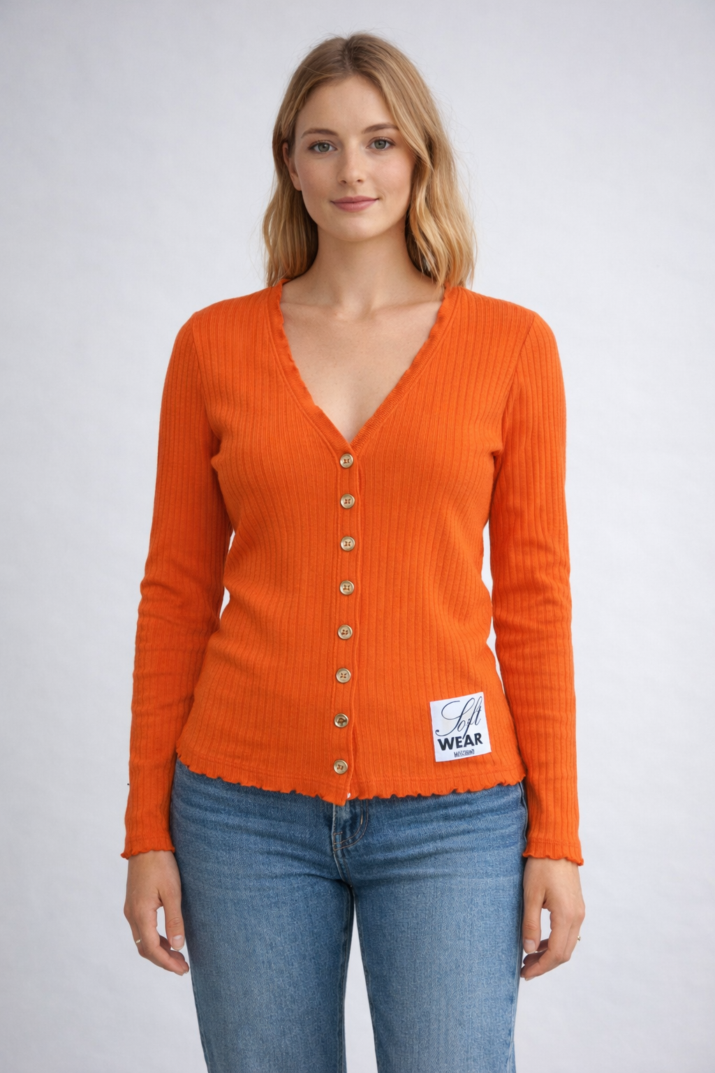 Moschino Soft Wear Orange Ribbed Knit Pleated Neckline Top - Size 44