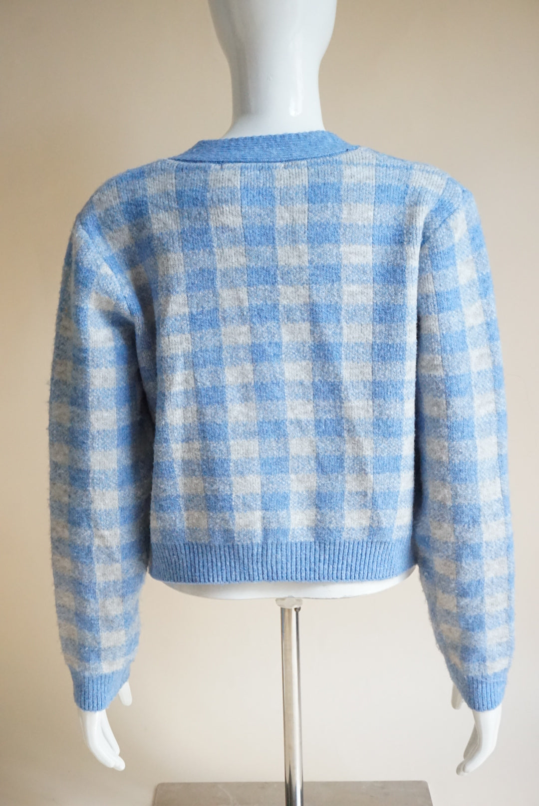 Style By GG Plaid Blue Rhinestone Button Cropped Cardigan - Size Medium