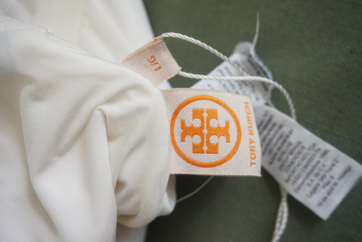 Tory Burch One Piece “Miller” Plunge White Logo Belted Swimsuit NWT - Size Large