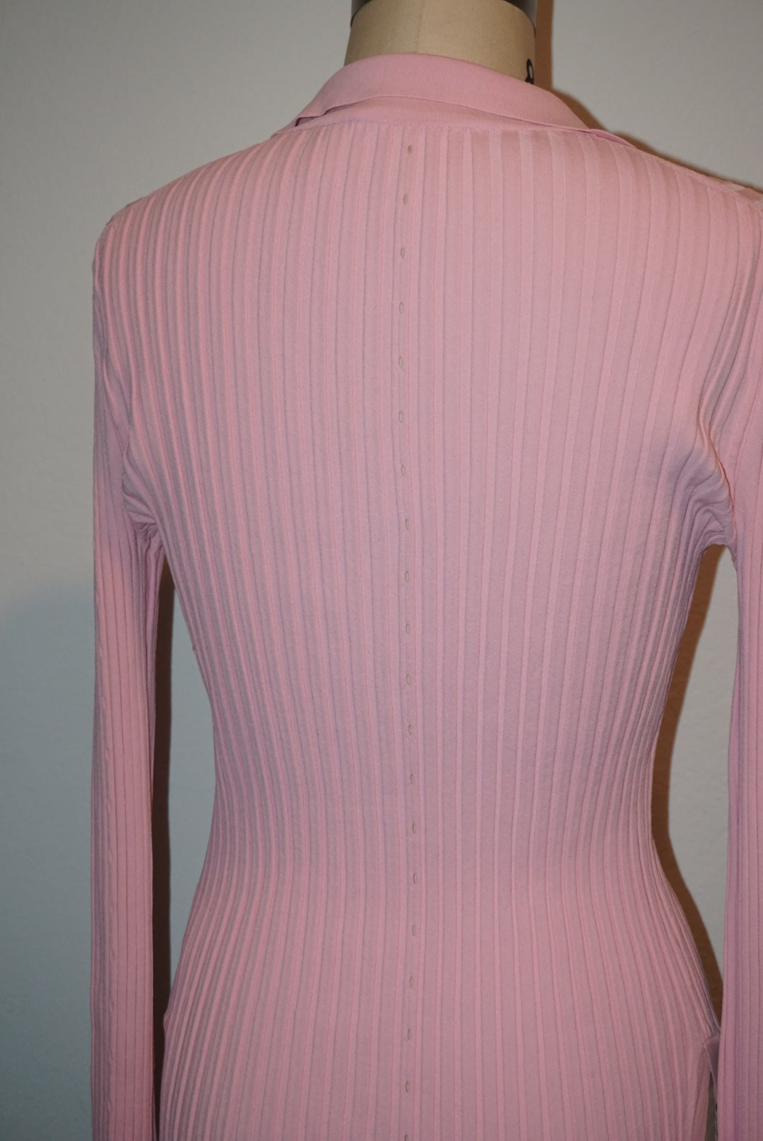 "Helmut Lang" Pink Ribbed Knit Slash Polo Top - Size Large