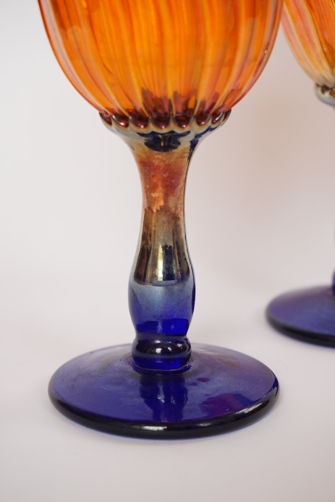 Rick Strini Aurene Golden & Cobalt Blue Spiral Cane Hand Blown Rare Signed Glass Goblets - Set of 2