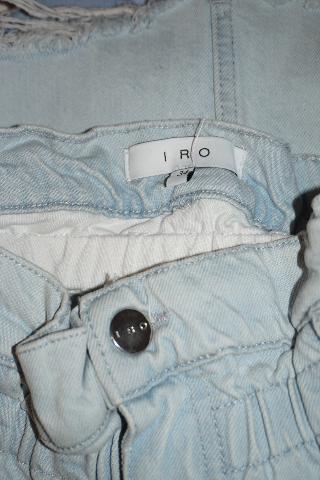 "Iro" Paper bag Light Wash Mini Frayed Hem Skirt - Size 34