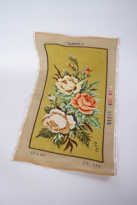VTG Unframed Needlepoint Sage Floral Bouquet Gobelin Collection D'Art 19.25" x 9.75"